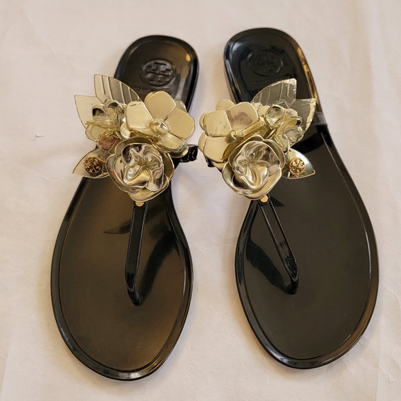 Tory Burch Black Sandals with Gold Floral Detail - Picture 4 of 8